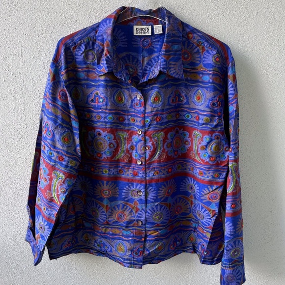 Chico’s Design Silk Embroidery Long Sleeve Button Top Size 3 Beaded Artsy - Picture 1 of 10